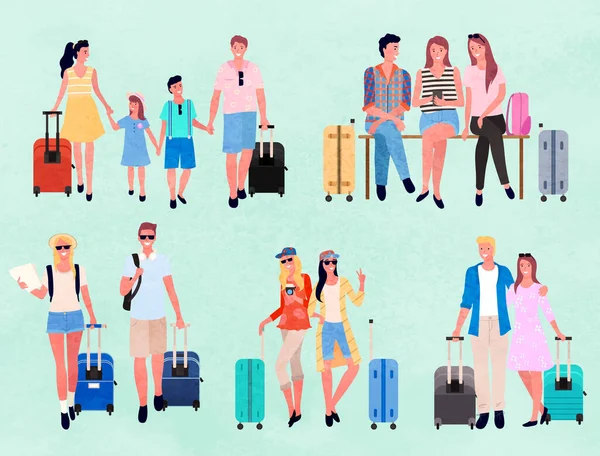旅行组的家庭夫妇 人们去放暑假 卡通人物 游客和带着行李 手提箱和行李的旅行者 一群年轻的朋友家庭周末 平面卡通片 — 图库矢量图片