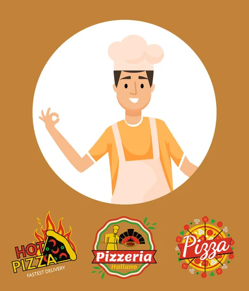 Логотипы Пиццерии Шеф Повар Векторе Шляп Человек Приготовление Выпечка Вкусной — стоковый вектор