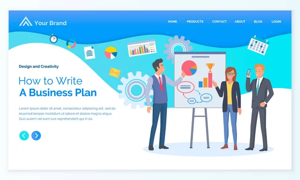 How to write business plan, man and woman discussing work, board with diagram. Employee character brainstorming, leadership corporate vector. App slider or website template, landing page in flat style
