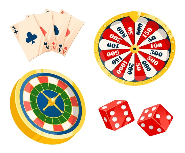 游戏的赚钱或输钱矢量 孤立的一套扑克牌 不同类型的骰子和轮盘赌 押注和下注 财富和风险 — 图库矢量图片