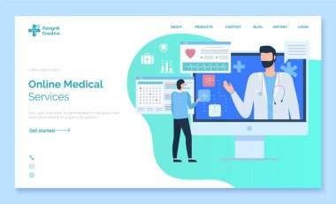 Çevrimiçi tıbbi servis, doktor portresi görüşlü bilgisayar monitörü, kardiyogram ekranı, pasif, sağlık hizmeti web sitesi vektörü şemaları. Uygulama kaydırıcı ya da web sayfası şablonu, iniş sayfası düz biçimi