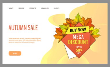 Mevsimlik teklifli kart mağazadan, vektörden. Sonbaharda mağaza satışı. Sonbahar indirimleri var. Sonbahar yaprakları altın etiket ile. El ilanı fiyatları ve indirimli maliyet, promosyon kaliteli mallar