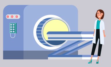 Manyetik rezonans görüntüleme makinesi teknolojisi ve teşhisi. Kadın sağlık görevlisi, doktor ya da hemşire üniformalı, sağlık hizmetleri görevlisi. Çizgi film tarzında vektör illüstrasyonu