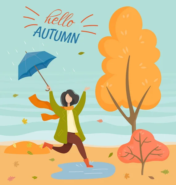 Hallo Herfst Ansichtkaart Met Vrouw Springen Het Water Vrouwelijke Paraplu — Stockvector