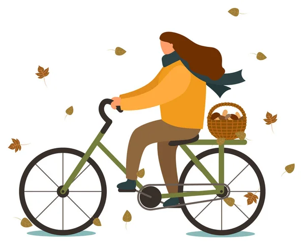 Woman Riding Bicycle Autumn Vector Lady Going Home Gathering Mushrooms — Stock Vector
