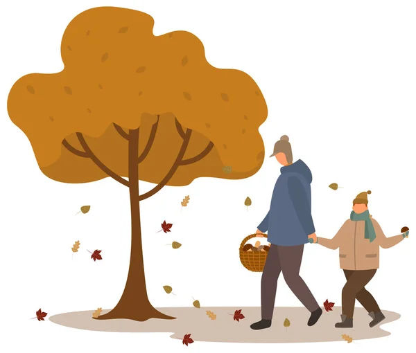 Father Son Gathering Mushrooms Autumn Forest Vector Family Members Walking — Stock Vector