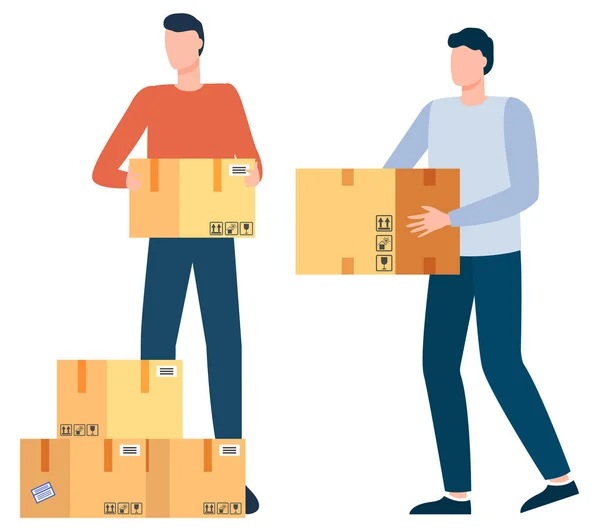 Çalışan Insanlar Kutuları Taşıyan Adamlar Karton Konteynırlar Müşterilerin Siparişleri Teslimat — Stok Vektör