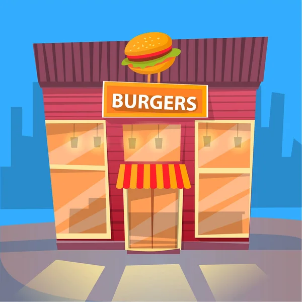 stock vector Burger house in city, night cityscape with exterior of building selling fast food and snacks. Eatery diner with meals and dishes to have dinner. Vector illustration in flat cartoon style