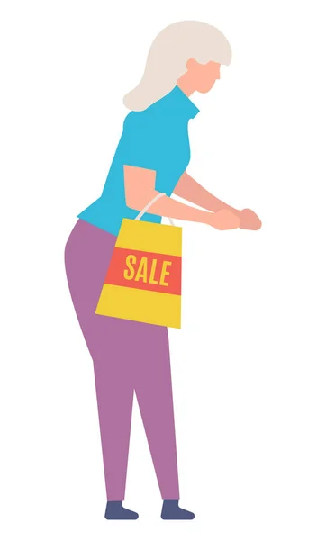 女性のショッピング グレーの髪を保持バッグと隔離された女性のキャラクター販売記号 店でのプロモーションとオファー 前置きの店 平面漫画風のベクトルイラスト — ストックベクタ