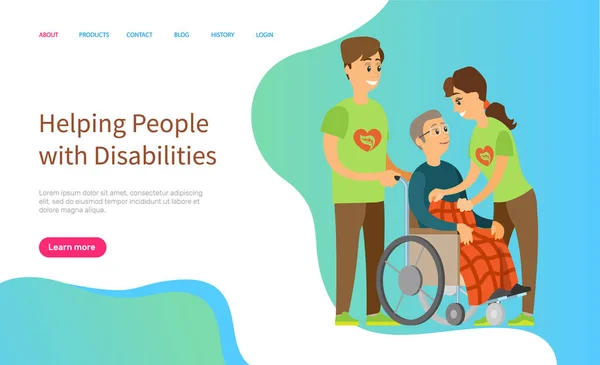 帮助残疾人病媒 男人和女人照顾坐在轮椅上的人 性格上覆盖着温暖的毛毯志愿者 网站或滑块应用程序 登陆页平面样式 — 图库矢量图片