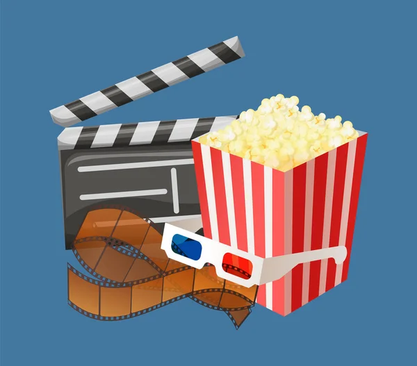 パッケージにポップコーンスナック 日付と撮影の時間を持つ映画のクラッパーボード 隔離された映画館で3D映画を見るための特別なメガネ 平面漫画風のベクトルイラスト — ストックベクタ