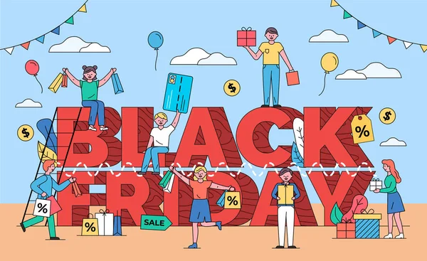 Black Friday Clearance Vector Happy People Purchases Bought Sale Special — Stock Vector