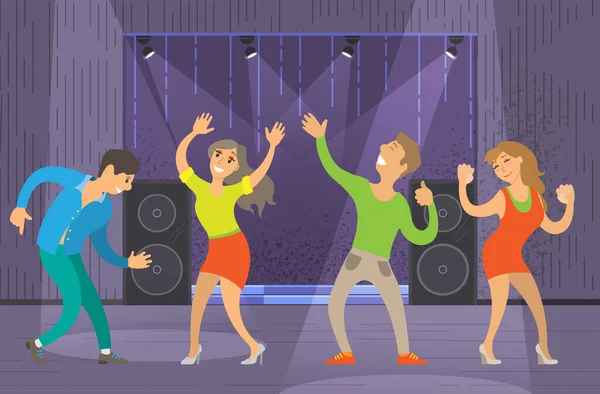 年轻的女孩和男人在派对上呆在一起 男人和女人跳舞 在俱乐部里玩得很开心 一群朋友在夜总会跳舞 休闲娱乐概念 — 图库矢量图片