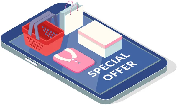Concetto Shopping Online Offerta Speciale Immagine Isometrica Telefono Merci Shopping — Vettoriale Stock