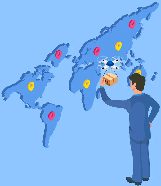オンライン世界 グローバルネットワーク接続の概念 世界中の配送サービス インターネット通信 国際交流 印のある地域の地図を見ている人 インターコンチネンタル事業 — ストックベクタ