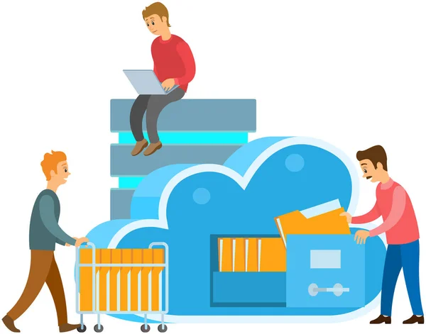 Cloud Speichertechnologie Menschen Stapeln Ordner Mit Informationen Online Speicherzellen Speicherzubehör — Stockvektor