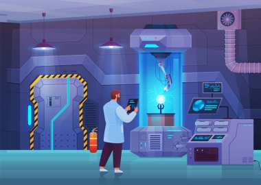 Otomatik bilimsel laboratuvar. Makinelerdeki atom yapısını incelemek, profesyonel ekipmanlar üzerinde araştırma yapmak. Laboratuvardaki bilim adamı deney yapıyor. Modern araştırma araçları ile teknoloji eğitimi