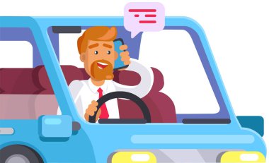 Açık mavi araba kullanan bir iş adamı. Ulaşım bölümündeki erkek karakter akıllı telefondan konuşuyor. Araçtaki sakallı adam telefonu kullanıyor. Tehlikeli sürüş konsepti. Otomobilde elektronik aleti olan kişi