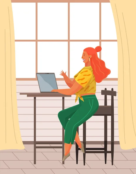 Mujer Comunicarse Lugar Trabajo Con Computadora Trabajo Remoto Freelance Oficina — Vector de stock
