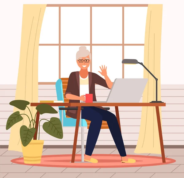 一位白发苍苍的老年妇女坐在家里 桌上拿着笔记本电脑 老年人退休后使用计算机的概念 员工远程工作 自由职业 养恤金领取者掌握新技术 — 图库矢量图片