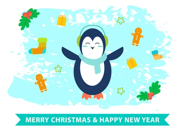 手写的冬季题词 祝贺文本 创意风格的愿望卡 新年快乐 圣诞快乐 圣诞祝福装饰一新 以冬季象征为背景的可爱企鹅 — 图库矢量图片