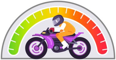 Hız göstergesi ve motosikletli motorcu, araba hız kontrolü. Fakirden mükemmele kadar renk sektörleri olan takometre. Hız ve kilometrelerin ölçümü için ölçekli ve işaretli Speedo