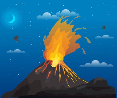 Güçlü sıcak lav püskürtüsü, tepesinde beyaz bulutlar. Yanan ateşle kaya volkanı felaketi patlıyor. Magmalı volkanik patlama dağı. Lav vektör illüstrasyonlu yanardağ