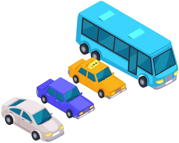 在公路上开车时的交通 一套五颜六色的汽车 白色背景隔离的车辆 乘车环城 公路交通概念 客车和出租车服务汽车 — 图库矢量图片