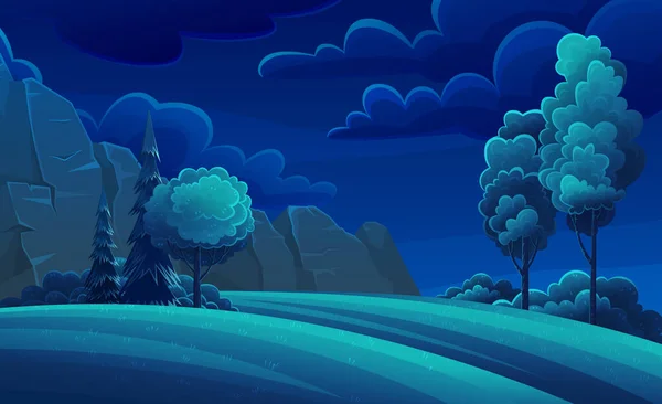 Лес Холме Ночное Небо Векторные Иллюстрации Зеленое Дерево Лужайке Траве — стоковый вектор