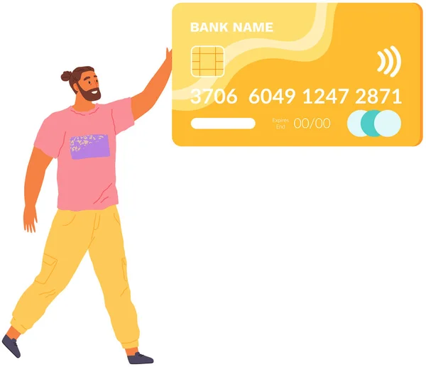 Mężczyzna Plastikową Kartą Debetową Lub Kredytową Pojęcie Usługi Bezpiecznej Płatności — Wektor stockowy