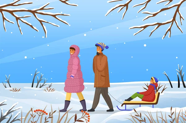 穿着保暖衣服和孩子一起散步的家庭 父亲在冬季公园的雪橇上骑着儿子 户外活动 休闲活动或对自然概念的业余爱好 有孩子的父母在雪地的森林里度过时光 — 图库矢量图片