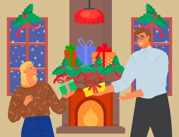 크리스마스 선물을 제공하는 벽난로 남자와 여자는 새해를 기념하고 겨울을 연애하는 — 스톡 벡터