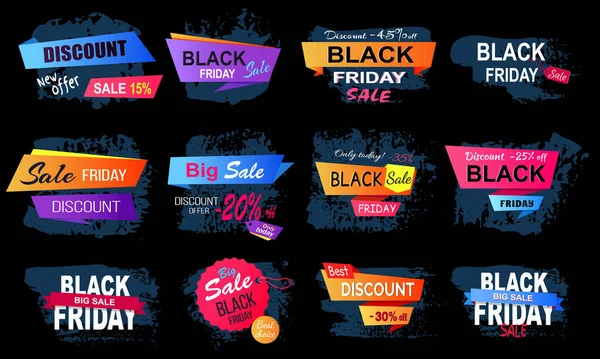 Balises Réduction Avec Offre Spéciale Noir Vendredi Vente Emblèmes Promotionnels — Image vectorielle