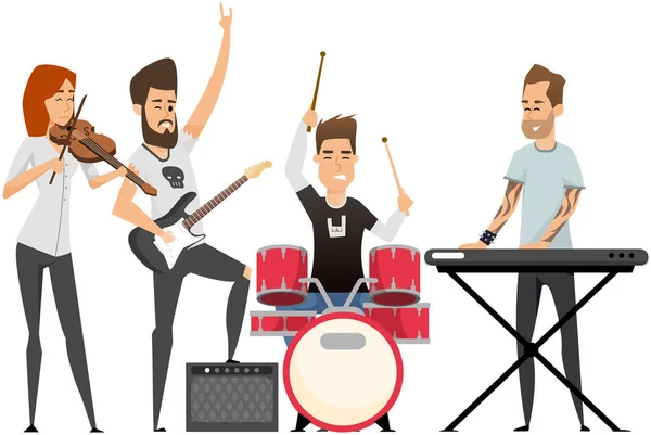 Diverse Rock Band Performs Stage Isolated White Group Musicians Playing — Vector de stock