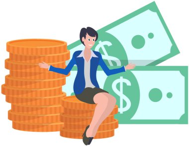 Altının üzerinde oturan başarılı bir iş kadını. Nakit parası olan bir karakter. Başarılı yatırımcı ya da girişimci. Zengin iş kadını tasarruf, finansal kar maaş zenginliği, artan sermaye