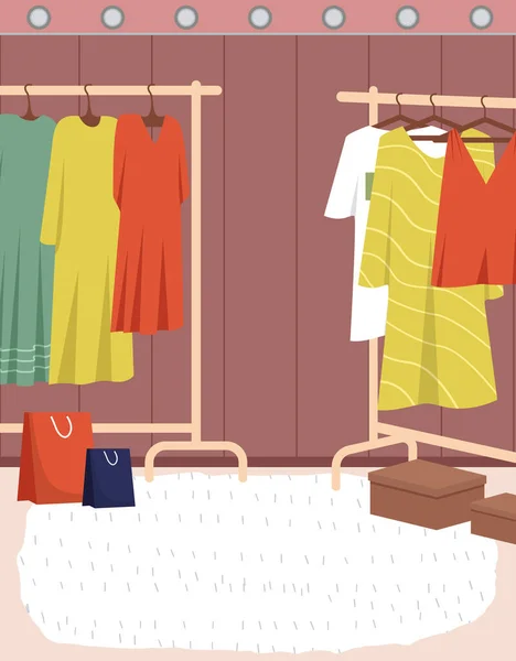 Gardırop Kadın Giysileri Soyunma Odasında Kıyafet Seçmek Kıyafet Konsepti Için — Stok Vektör