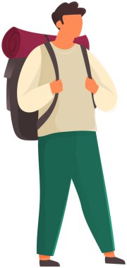 Turist sırt çantası ve karemat paspasıyla beyazın üzerinde duruyor. Macera ve yolculuk. Aktif yaşam tarzı, erkek karakter gezgini doğa yürüyüşü, mutlu boş zaman.