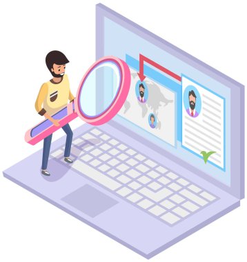 Sosyal ağda kişi veya profili ara. Ekranda Avatar profili ve soru işareti var. Çeşitli insanların baş sembolü olan ortak ya da çalışan arıyorlar. Karakterler belirlendi, erkekler ve kadınlar.