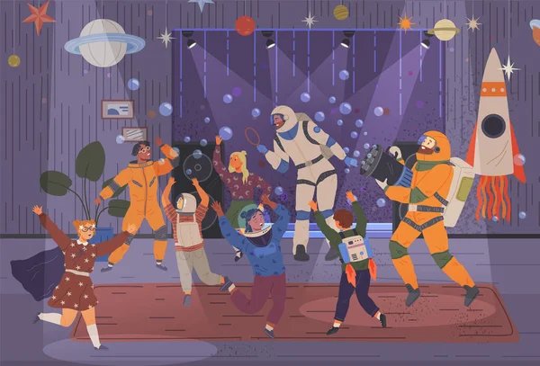 Kinder Spielen Mit Animateuren Auf Geburtstagsparty Kosmischen Stil Menschen Kostümen — Stockvektor