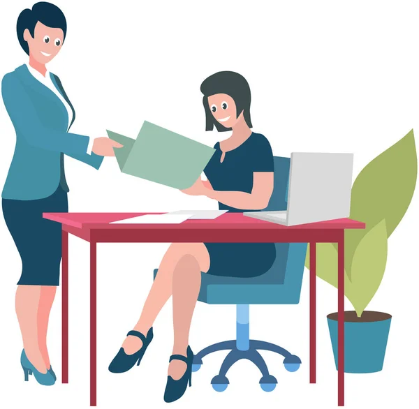 Frauen Sitzen Tisch Und Kommunizieren Die Kollegen Verbringen Zeit Während — Stockvektor