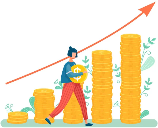 stock vector Successful business woman carry gold coins to safe. Rich businesswoman making investment, financial profit salary wealth, increasing capital. Passive and active income. Character with money cash