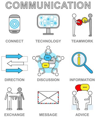 Bir grup toplantı ikonu, iş iletişimi, tavsiye, mesaj, takas, tartışma, bilgi, takım çalışması, bağlantı, teknoloji, yön gibi. Web tasarım yönetimi finans stratejisi için imzalar