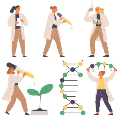 Bilim adamı ekipmanlarla laboratuvar analizi yapıyor. Kimya, bilim fikri. Laboratuvar asistanı bilimsel deney yürütüyor. Kimyasal araştırmalar şişe, bitki ve DNA molekülleriyle yapılıyor.