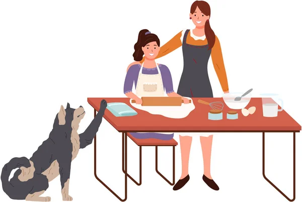Madre Hija Cocinando Con Perro Mamá Hijo Horneando Juntos Casa — Archivo Imágenes Vectoriales