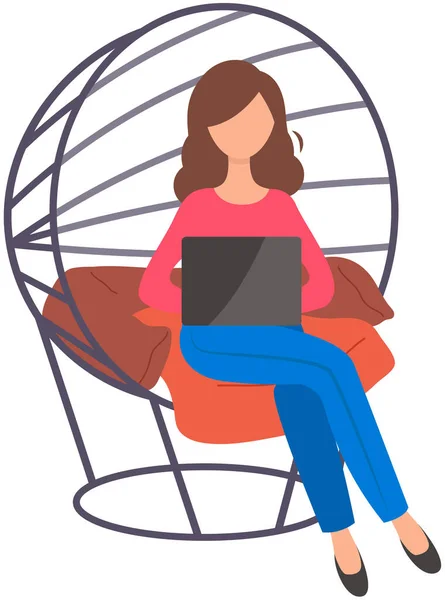 Female Character Working Tablet Sitting Garden Chair Home Isolated White — Stock Vector