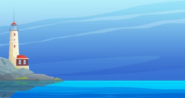 Deniz kıyısındaki deniz feneri. Uçurumun üzerinde deniz feneri olan okyanus manzarası. Deniz ve binayla birlikte doğanın manzarası. Deniz feneri kıyıda, kayalar ve bitkiler. Manzara manzarası, deniz feneri manzarası