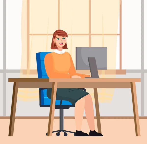 Mujer Comunicarse Lugar Trabajo Con Computadora Trabajo Remoto Freelance Oficina — Archivo Imágenes Vectoriales