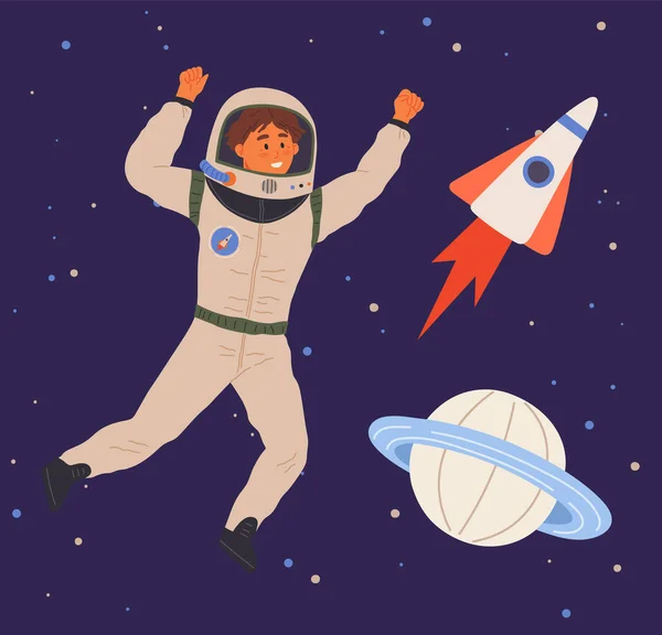 段ボールやプラスチック製のロケット服の子供宇宙飛行士は宇宙についての夢 自分で創造的な少年は 空を飛んで衣装の想像力を作った 子供は宇宙探検家だ 男です衣装で巨大なロケットの近く — ストックベクタ