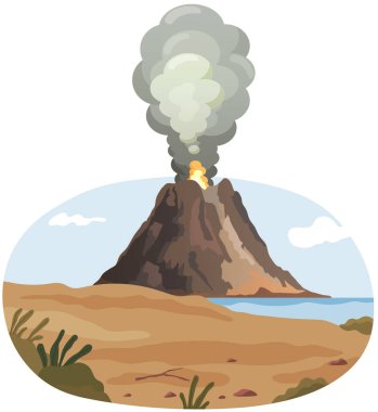 Güçlü sıcak lav püskürtüsü, tepesinde beyaz bulutlar. Yanan ateşle kaya volkanı felaketi patlıyor. Magmalı volkanik patlama dağı. Lav vektör illüstrasyonlu yanardağ