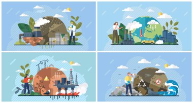 Pollution awareness environmental concept compositions set with hazardous radioactive industrial housekeeping refuse, contamination. Excess household and industrial waste leads to ecological disaster clipart